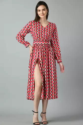 Women printed puff sleeve fit & flare midi dress