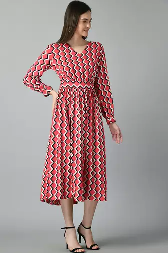 Women printed puff sleeve fit & flare midi dress