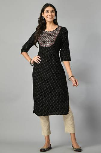 Polka dots printed round neck mirror work straight kurta