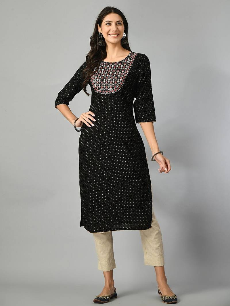 Polka dots printed round neck mirror work straight kurta