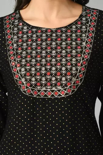 Polka dots printed round neck mirror work straight kurta