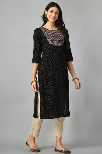 Polka dots printed round neck mirror work straight kurta