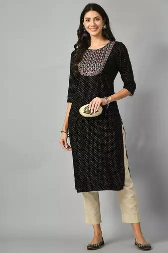 Polka dots printed round neck mirror work straight kurta