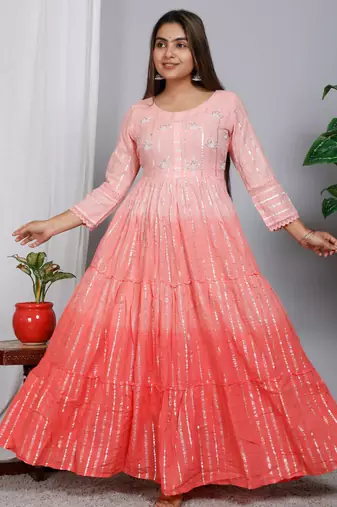 Blocked dyed round neck three-quarter regular sleeves Anarkali 