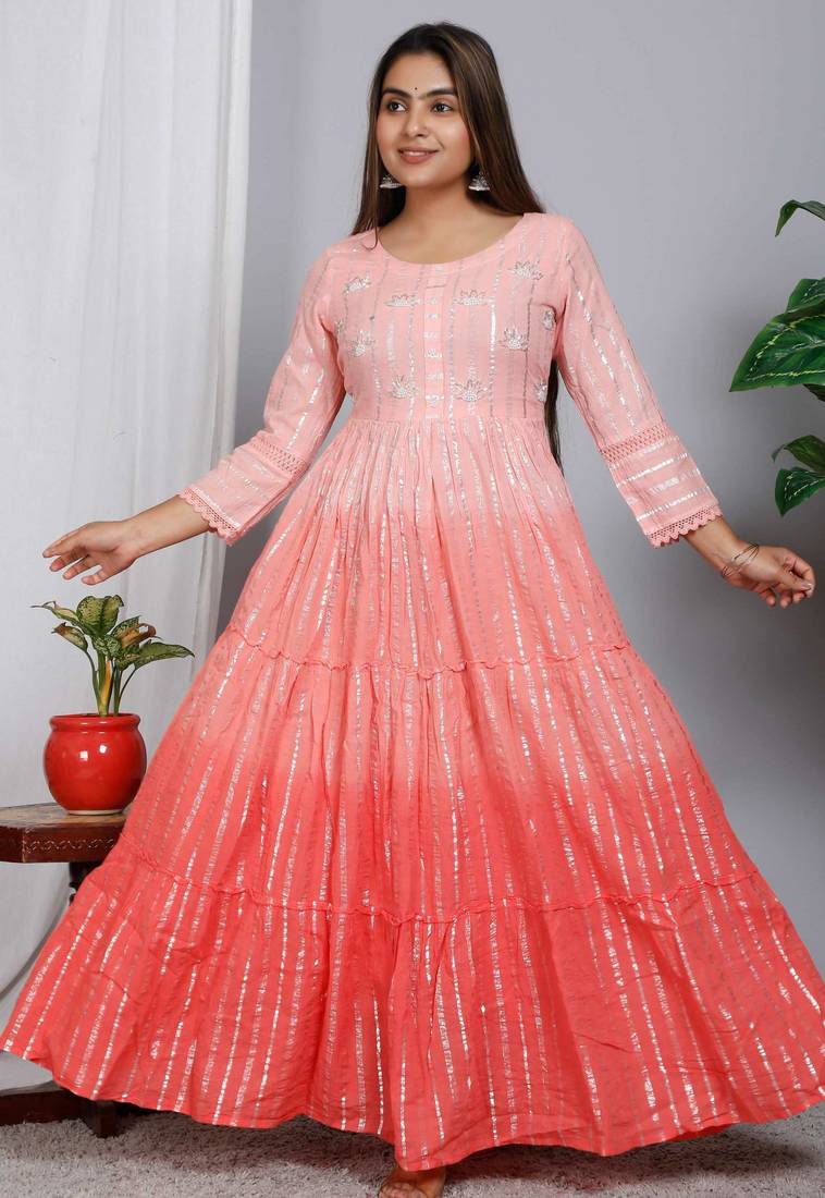 Blocked dyed round neck three-quarter regular sleeves Anarkali 