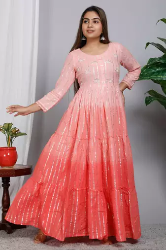 Blocked dyed round neck three-quarter regular sleeves Anarkali 