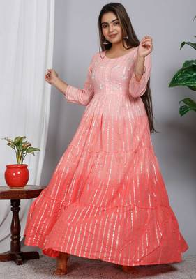 Blocked dyed round neck three-quarter regular sleeves Anarkali  5
