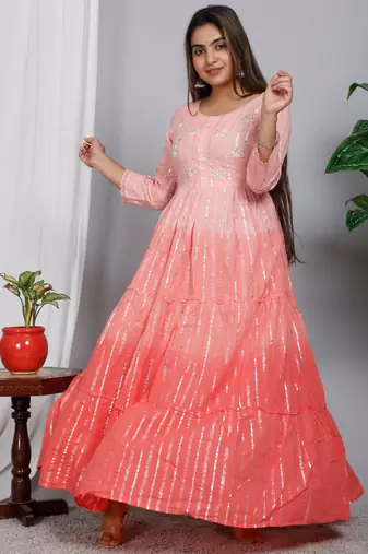 Blocked dyed round neck three-quarter regular sleeves Anarkali 
