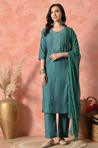 Women ethnic motifs embroidered regular thread work kurta with trousers & with dupatta