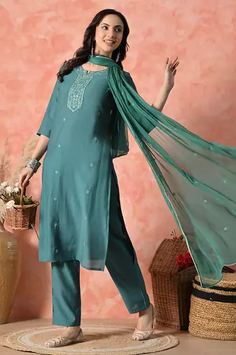 Women ethnic motifs embroidered regular thread work kurta with trousers & with dupatta