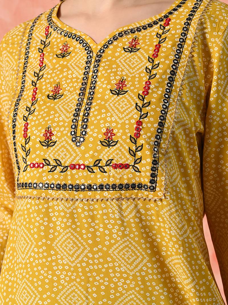 Bandhani printed regular thread work kurta with trousers & dupatta