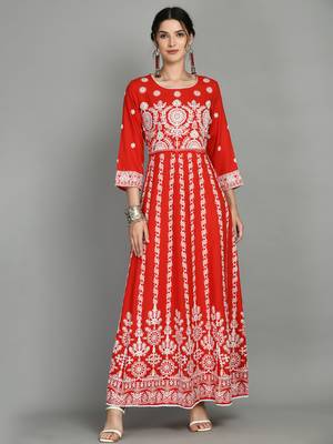 Round neck three-quarter regular sleeves Anarkali  with regular style beads and stones detail ankle length 1