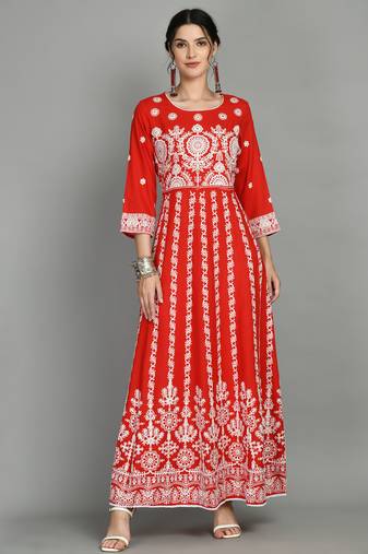 Round neck three-quarter regular sleeves Anarkali  with regular style beads and stones detail ankle length