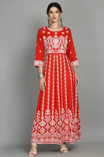 Round neck three-quarter regular sleeves Anarkali  with regular style beads and stones detail ankle length