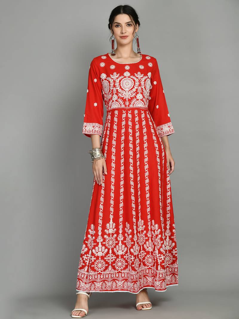 Round neck three-quarter regular sleeves Anarkali  with regular style beads and stones detail ankle length
