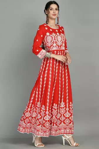Round neck three-quarter regular sleeves Anarkali  with regular style beads and stones detail ankle length