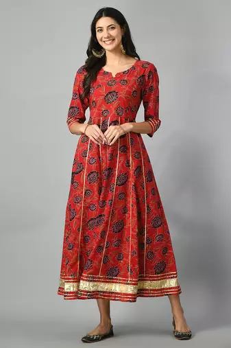 Red flower print anarkali kurta
