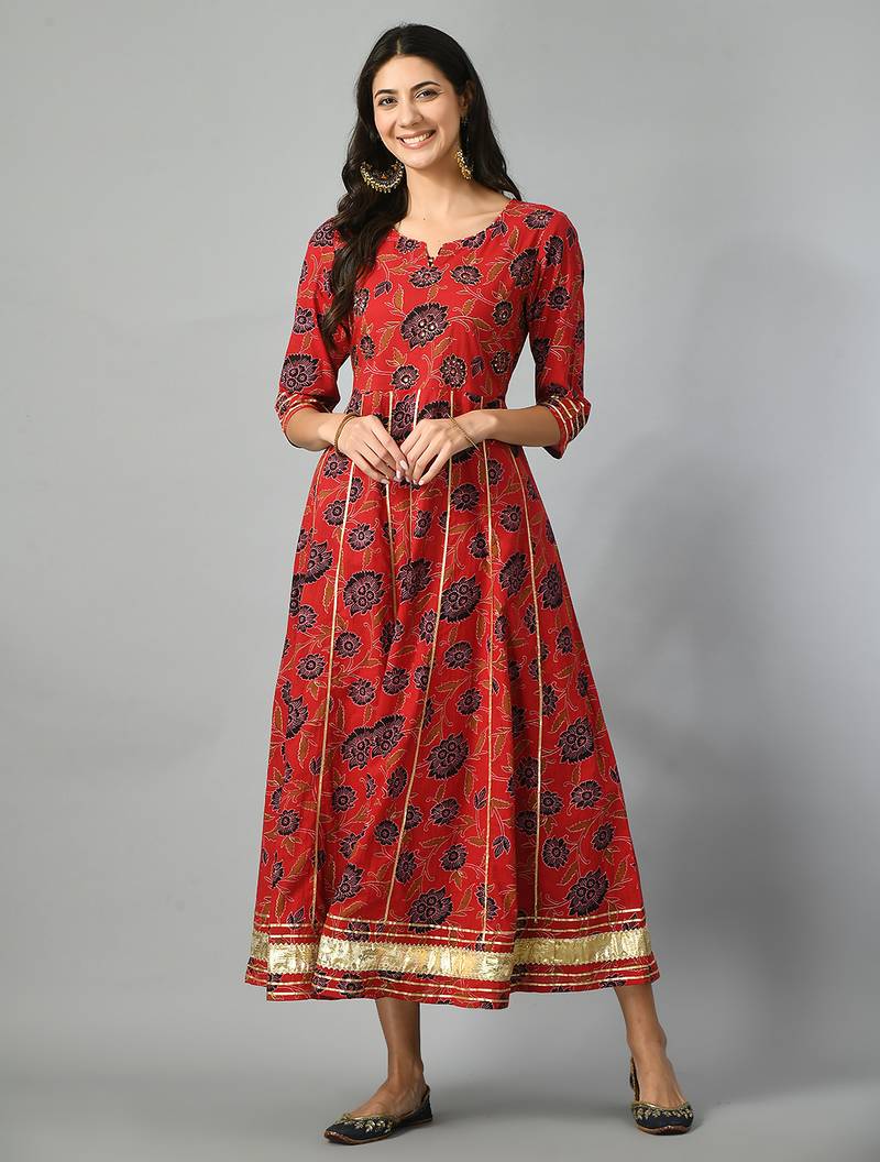 Red flower print anarkali kurta