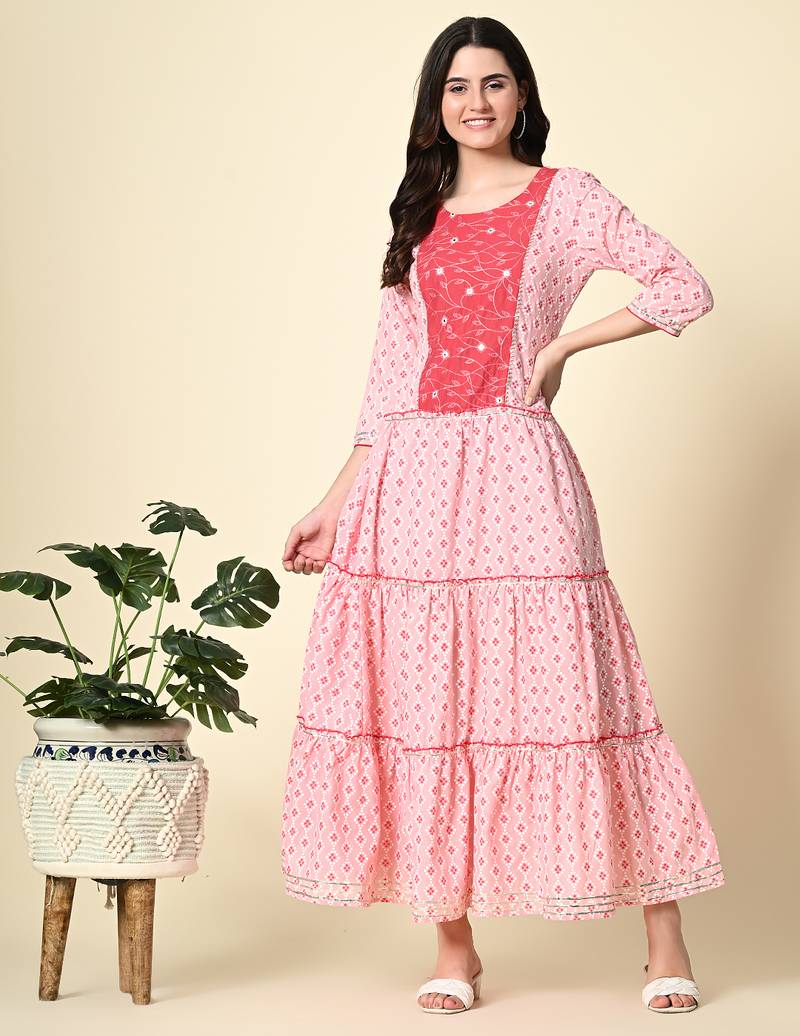 Ethnic motifs printed mirror work anarkali kurta