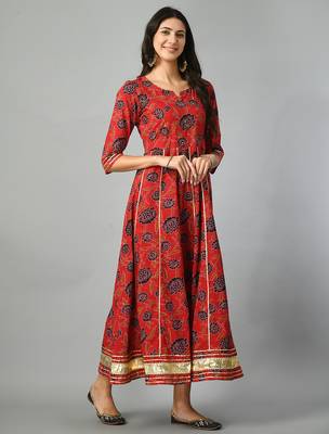 Red flower print anarkali kurta 4