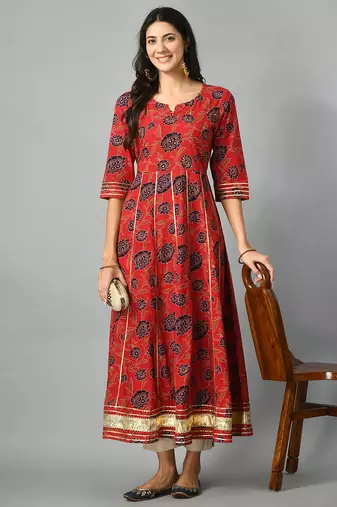 Red flower print anarkali kurta