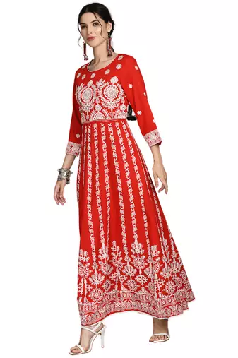 Round neck three-quarter regular sleeves Anarkali  with regular style beads and stones detail ankle length