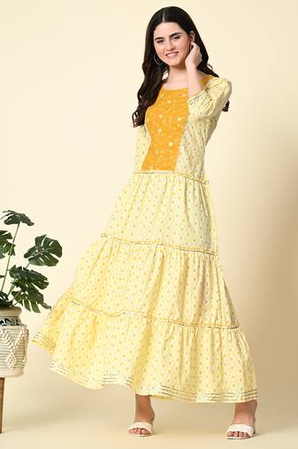 Ethnic motifs printed mirror work anarkali kurta