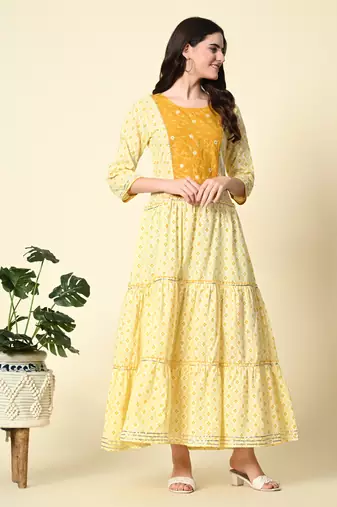 Ethnic motifs printed mirror work anarkali kurta