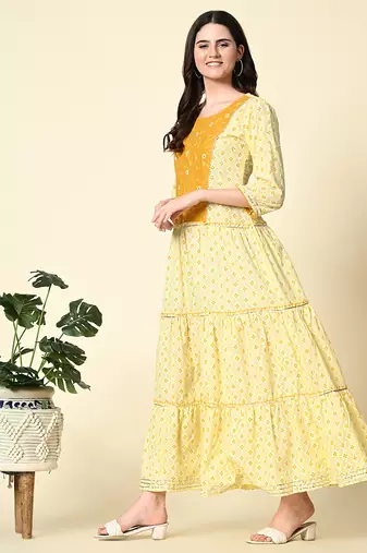Ethnic motifs printed mirror work anarkali kurta