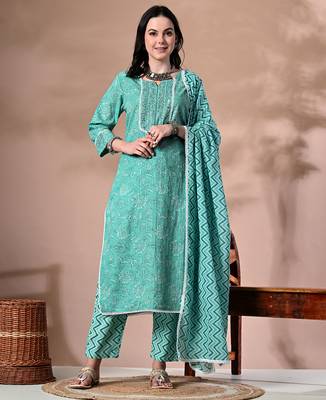 Ethnic motifs printed regular thread work pure cotton kurta with trousers & dupatta 1