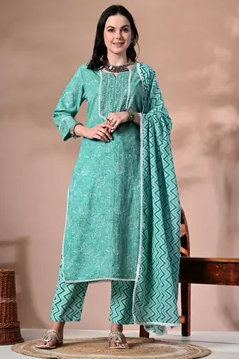 Ethnic motifs printed regular thread work pure cotton kurta with trousers & dupatta