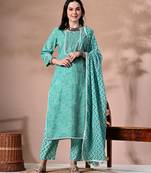 Ethnic motifs printed regular thread work pure cotton kurta with trousers & dupatta