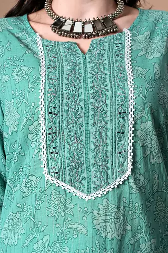 Ethnic motifs printed regular thread work pure cotton kurta with trousers & dupatta
