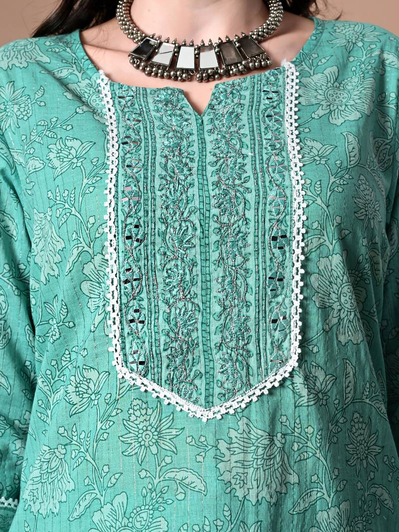 Ethnic motifs printed regular thread work pure cotton kurta with trousers & dupatta