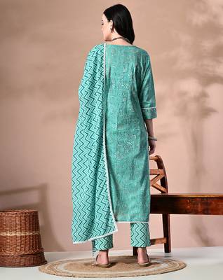 Ethnic motifs printed regular thread work pure cotton kurta with trousers & dupatta 3