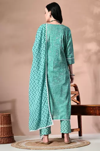 Ethnic motifs printed regular thread work pure cotton kurta with trousers & dupatta