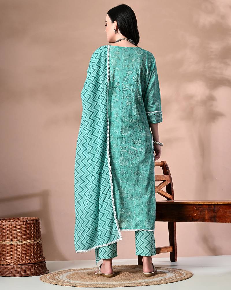 Ethnic motifs printed regular thread work pure cotton kurta with trousers & dupatta
