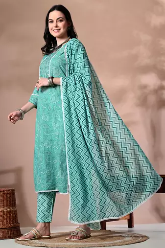 Ethnic motifs printed regular thread work pure cotton kurta with trousers & dupatta