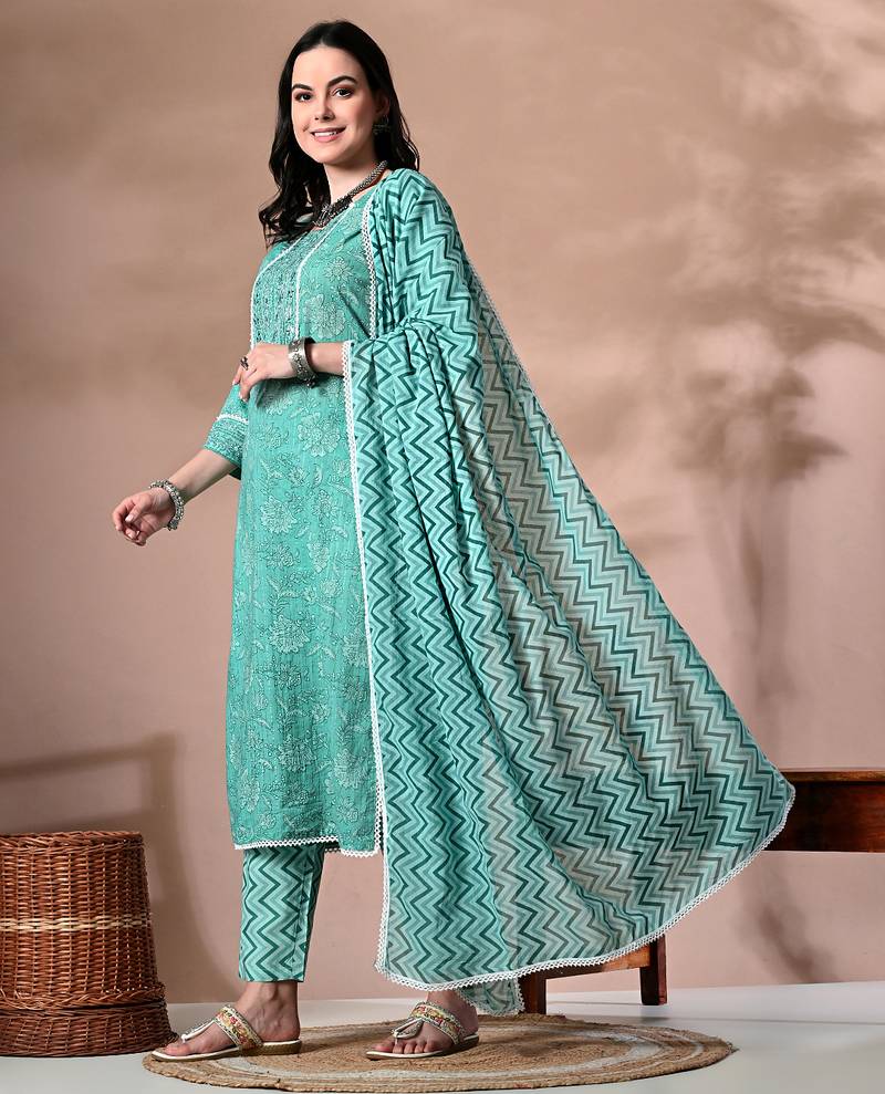 Ethnic motifs printed regular thread work pure cotton kurta with trousers & dupatta