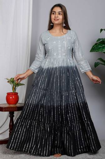 Blocked dyed round neck three-quarter regular sleeves Anarkali 