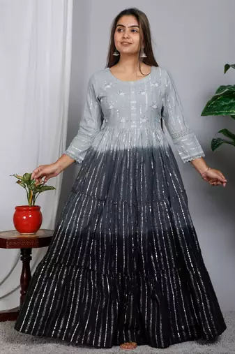 Blocked dyed round neck three-quarter regular sleeves Anarkali 