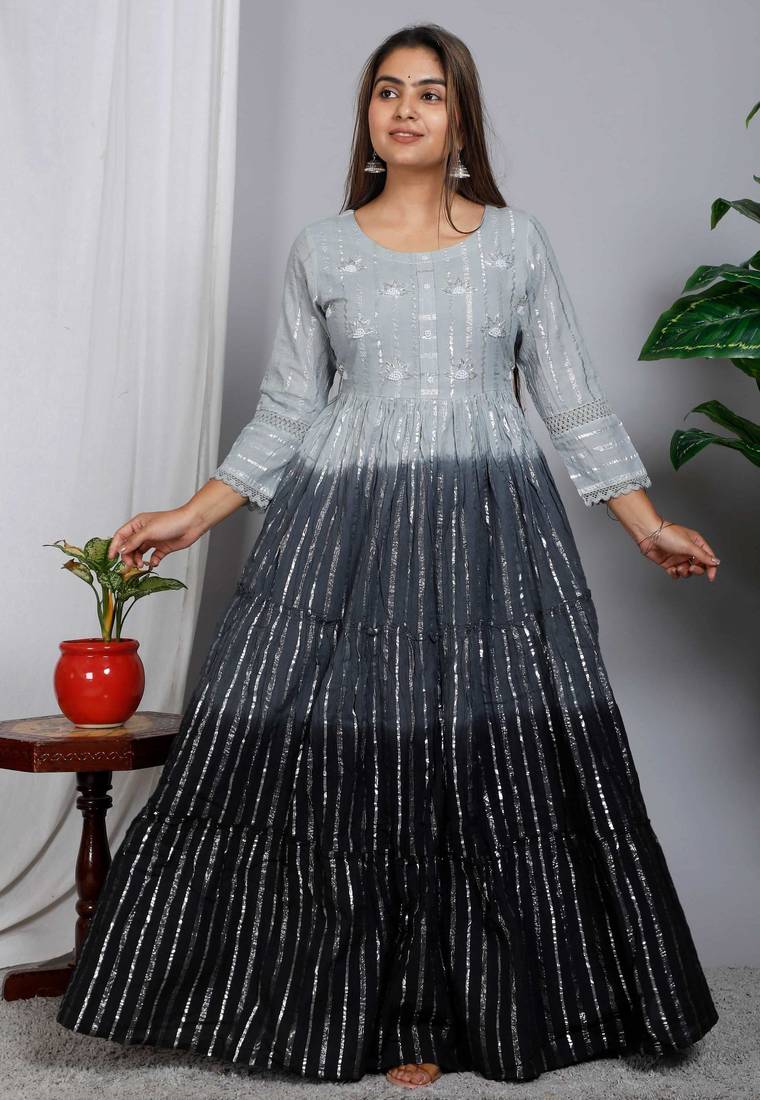 Blocked dyed round neck three-quarter regular sleeves Anarkali 