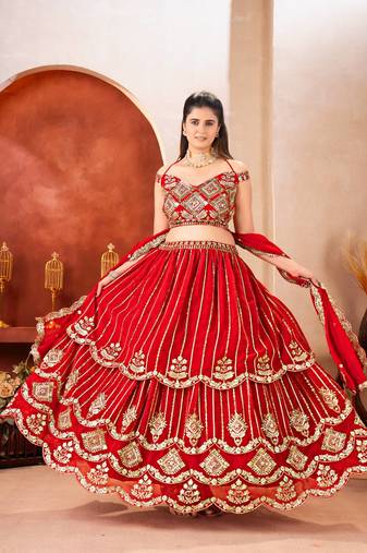 Red Color Sequins and Zari Embroidery Work Georgette Lahenga Choli Set
