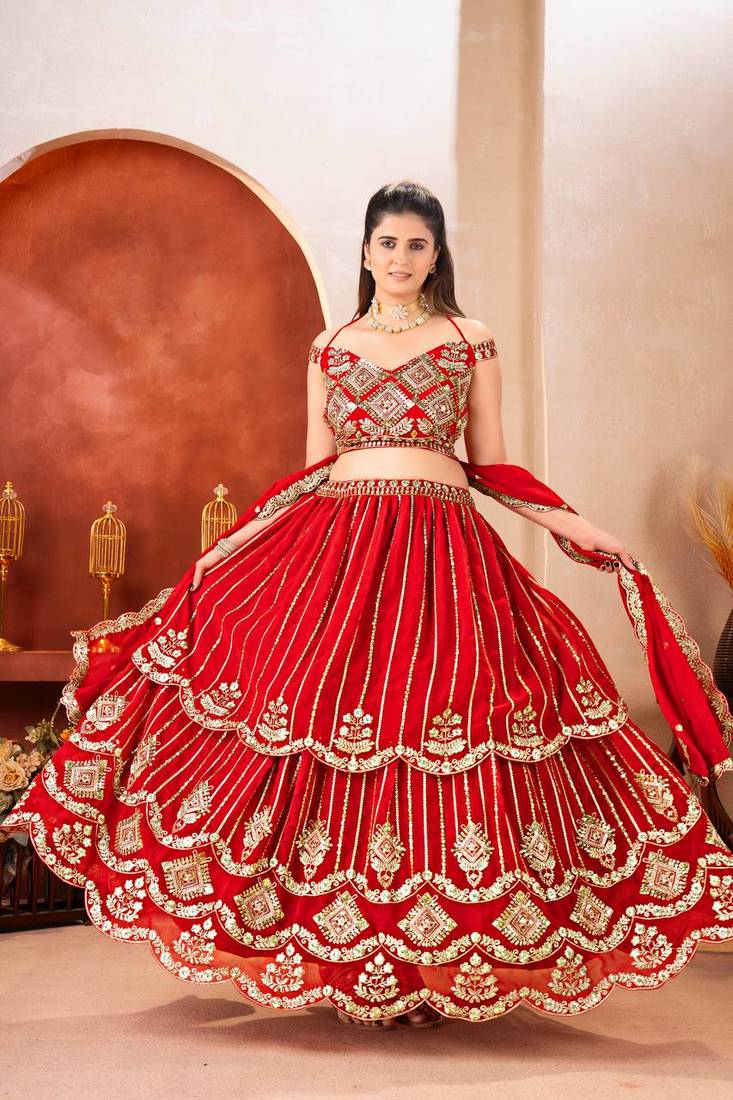 Red Color Sequins and Zari Embroidery Work Georgette Lahenga Choli Set