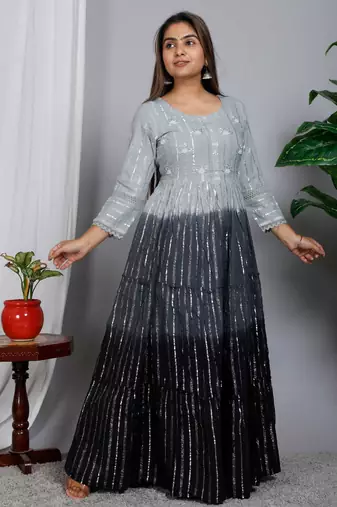 Blocked dyed round neck three-quarter regular sleeves Anarkali 