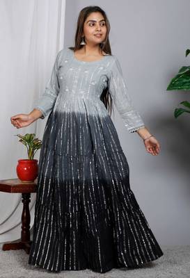 Blocked dyed round neck three-quarter regular sleeves Anarkali  5