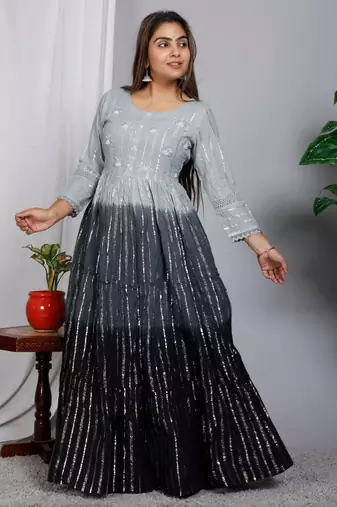 Blocked dyed round neck three-quarter regular sleeves Anarkali 