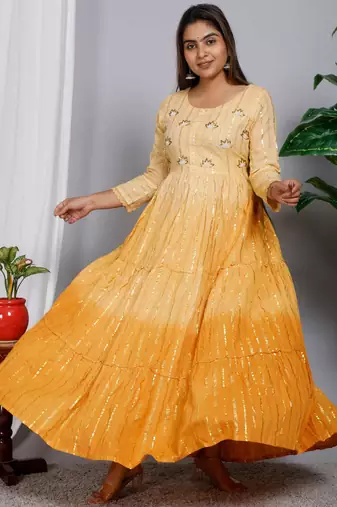 Blocked dyed round neck three-quarter regular sleeves Anarkali 
