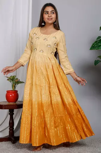 Blocked dyed round neck three-quarter regular sleeves Anarkali 