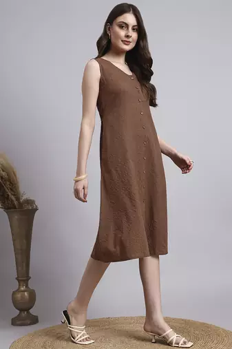 Women brown solid kantha dress